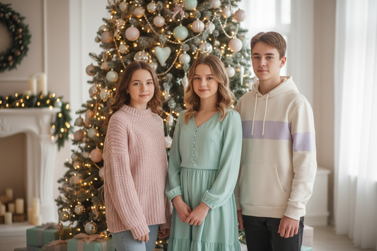 Teenager stehen vor dem Weihnachtsbaum mit gedämpftem Licht